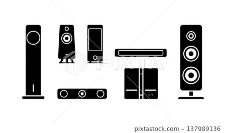 Black Solid Desktop Speaker Silhouettes Set of Six on White Background Black Solid Desktop Speaker Silhouettes Set of Six on White Background 137989136