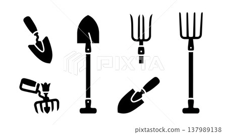 Black Solid Garden Digging Tools Silhouettes Set of Six on White Background Black Solid Garden Digging Tools Silhouettes Set of Six on White Background 137989138
