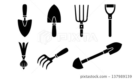 Black Solid Garden Digging Tools Silhouettes Set of Six on White Background Black Solid Garden Digging Tools Silhouettes Set of Six on White Background 137989139