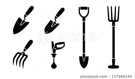 Black Solid Garden Digging Tools Silhouettes Set of Six on White Background Black Solid Garden Digging Tools Silhouettes Set of Six on White Background 137989140
