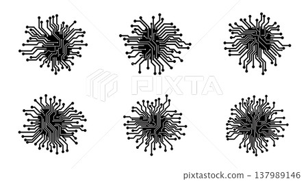 Black Solid Digital Circuit Silhouettes Set of Six on White Background Black Solid Digital Circuit Silhouettes Set of Six on White Background 137989146