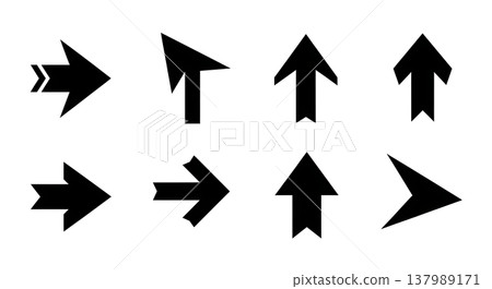 Black Solid Directional Arrowhead Silhouettes Set of Six on White Background Black Solid Directional Arrowhead Silhouettes Set of Six on White Background 137989171