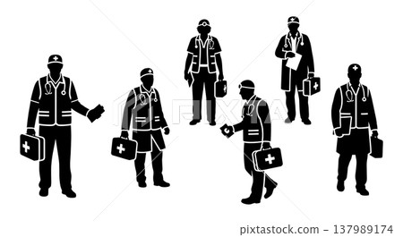 Black Solid Emergency Doctor Silhouettes Set of Six on White Background Black Solid Emergency Doctor Silhouettes Set of Six on White Background 137989174
