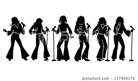 Black Solid Retro Disco Singer Silhouettes Set of Six on White Background Black Solid Retro Disco Singer Silhouettes Set of Six on White Background 137989178