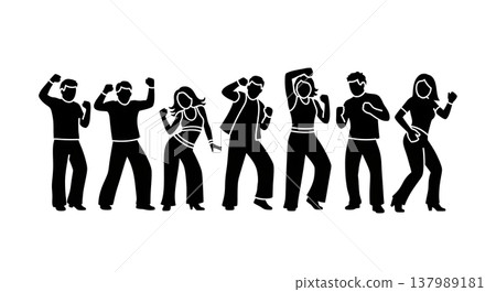 Black Solid Group Disco Silhouettes Set of Six on White Background Black Solid Group Disco Silhouettes Set of Six on White Background 137989181