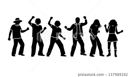 Black Solid Group Disco Silhouettes Set of Six on White Background 137989182