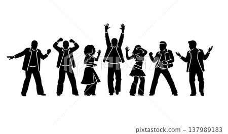 Black Solid Group Disco Silhouettes Set of Six on White Background 137989183