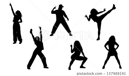 Black Solid Disco Woman Silhouettes Set of Six on White Background Black Solid Disco Woman Silhouettes Set of Six on White Background 137989191