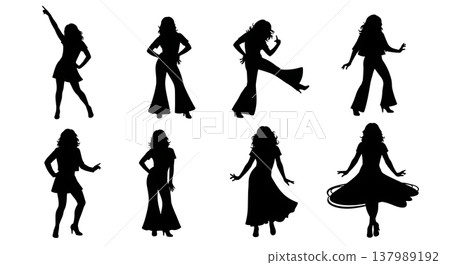 Black Solid Disco Woman Silhouettes Set of Six on White Background 137989192