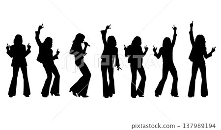 Black Solid Disco Singer Silhouettes Set of Six on White Background 137989194
