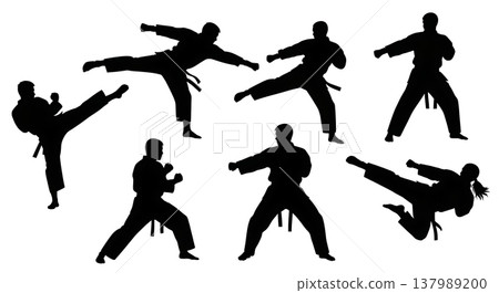 Black Solid Discus Throw Silhouettes Set of Six on White Background 137989200