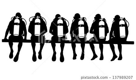 Black Solid Scuba Diver Silhouettes Set of Six on White Background 137989207