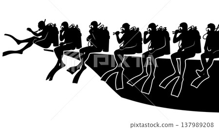 Black Solid Scuba Diver Silhouettes Set of Six on White Background Black Solid Scuba Diver Silhouettes Set of Six on White Background 137989208