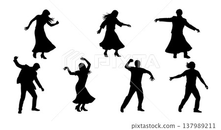 Black Solid Diverse Dancing Silhouettes Set of Six on White Background Black Solid Diverse Dancing Silhouettes Set of Six on White Background 137989211