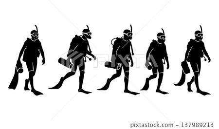 Black Solid Diver Silhouettes Set of Six on White Background 137989213