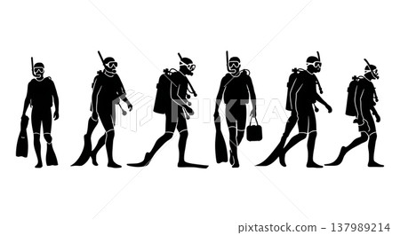 Black Solid Diver Silhouettes Set of Six on White Background 137989214