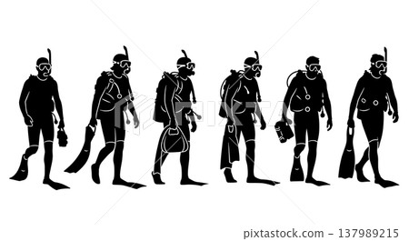 Black Solid Diver Silhouettes Set of Six on White Background Black Solid Diver Silhouettes Set of Six on White Background 137989215