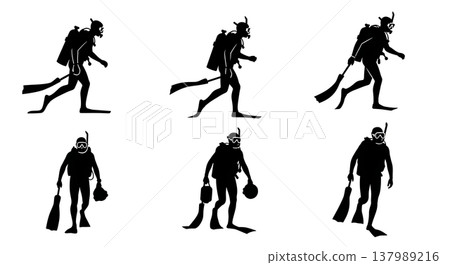 Black Solid Diver Silhouettes Set of Six on White Background 137989216