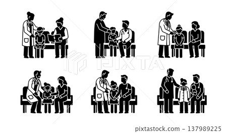 Black Solid Doctor Consultation Silhouettes Set of Six on White Background 137989225
