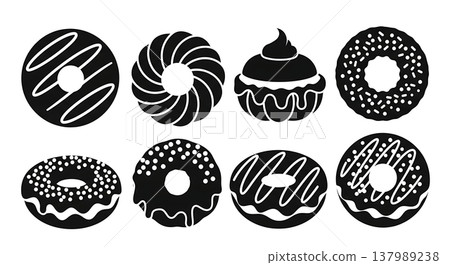 Black Solid Donut Silhouettes Set of Six on White Background Black Solid Donut Silhouettes Set of Six on White Background 137989238
