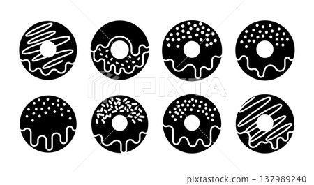 Black Solid Donut Silhouettes Set of Six on White Background 137989240