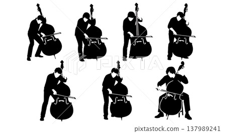 Black Solid Double Bassist Silhouettes Set of Six on White Background 137989241