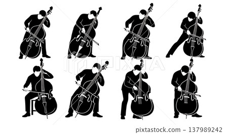 Black Solid Double Bassist Silhouettes Set of Six on White Background 137989242