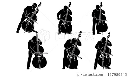 Black Solid Double Bassist Silhouettes Set of Six on White Background 137989243