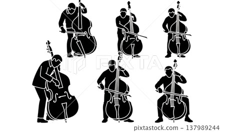 Black Solid Double Bassist Silhouettes Set of Six on White Background 137989244