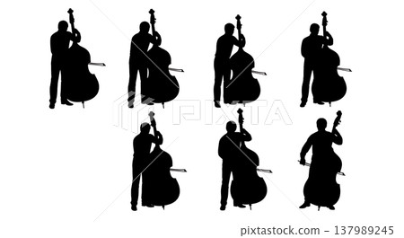 Black Solid Bassist Poses Silhouettes Set of Six on White Background Black Solid Bassist Poses Silhouettes Set of Six on White Background 137989245