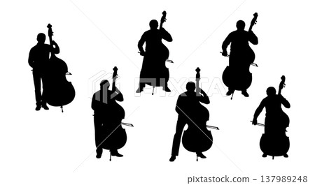 Black Solid Bassist Poses Silhouettes Set of Six on White Background 137989248