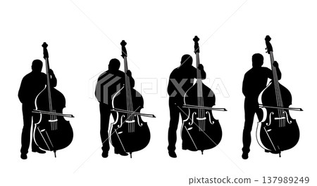 Black Solid Bassist Poses Silhouettes Set of Six on White Background 137989249