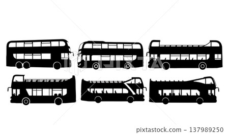 Black Solid Public Double-Decker Buses and Tour Buses Silhouettes Set of Six on White Background Black Solid Public Double-Decker Buses and Tour Buses Silhouettes Set of Six on White Background 137989250