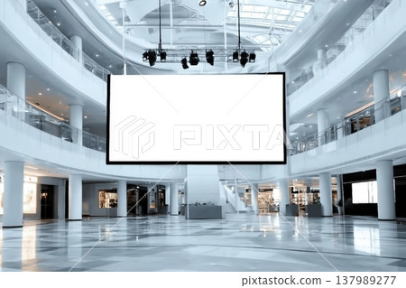 Indoor shopping mall advertising billboard. large video promotion LED screen in public space area Indoor shopping mall advertising billboard. large video promotion LED screen in public space area 137989277