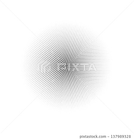 Vector halftone radial dot pattern in a circle. Monochrome geometric element for retro pop art, modern backgrounds, and technical designs. Isolated circular texture for print and digital overlays. Vector halftone radial dot pattern in a circle. Monochrome geometric element for retro pop art, modern backgrounds, and technical designs. Isolated circular texture for print and digital overlays. 137989328
