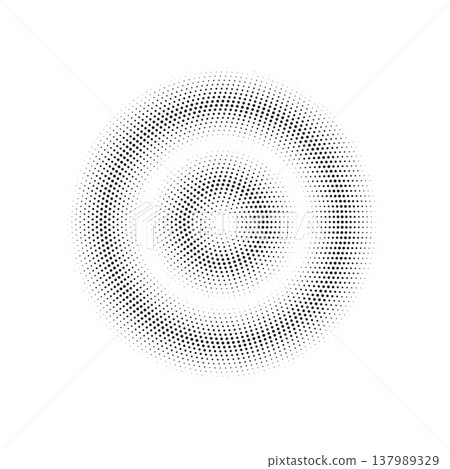 Vector halftone radial dot pattern in a circle. Monochrome geometric element for retro pop art, modern backgrounds, and technical designs. Isolated circular texture for print and digital overlays. Vector halftone radial dot pattern in a circle. Monochrome geometric element for retro pop art, modern backgrounds, and technical designs. Isolated circular texture for print and digital overlays. 137989329