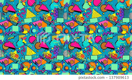 Retro 90s Memphis geometric pattern seamless colorful vector background with bold shapes, playful abstract design, vibrant palette, perfect for creative projects Retro 90s Memphis geometric pattern seamless colorful vector background with bold shapes, playful abstract design, vibrant palette, perfect for creative projects 137989613