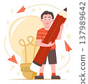 Cute Elementary Student Boy Holding Big Pencil and Standing in Front of Big Bulb Idea for Education, Learning, Thinking Outside the Box and Back to School Concept Illustration Clip Art 137989642