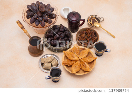 Oriental sweets and coffee on the table during Ramadan. Baklava and dates top view. Sweet food background 137989754