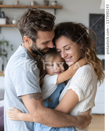 loving parents hugging child at home living room family bonding moment international day of families lifestyle concept bright interior copy space 137990243
