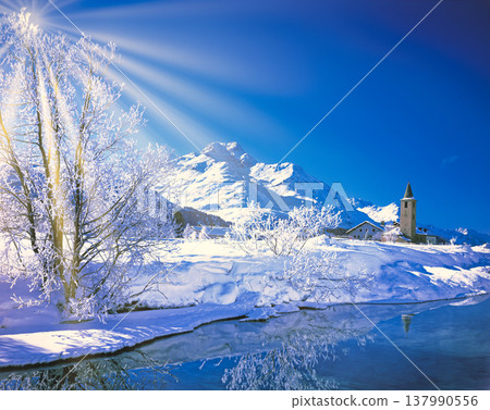 Beautiful winter scenery of the village of Silsmaria, covered in frost. 137990556