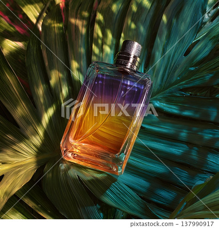 Summer perfume bottle displayed on tropical leaf vibrant color contrast Summer perfume bottle displayed on tropical leaf vibrant color contrast 137990917