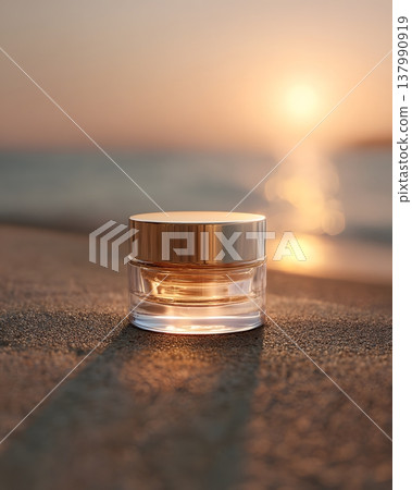 Luxury skincare jar beach sunrise minimal composition soft light 137990919