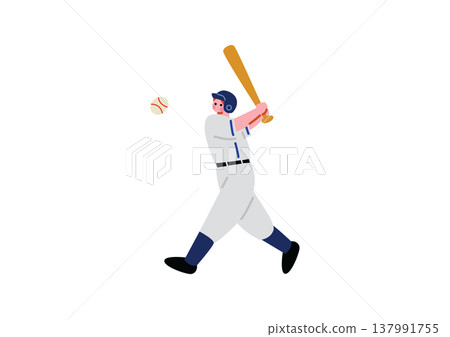 一幅棒球選手用球棒擊球的插圖。 137991755
