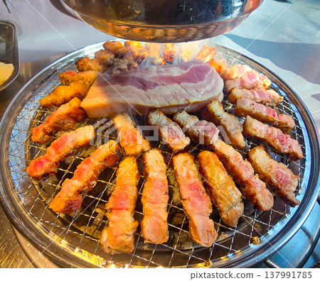 Korean BBQ food. Grilled Traditional Korean BBQ Samgyeopsal Korean BBQ food. Grilled Traditional Korean BBQ Samgyeopsal 137991785