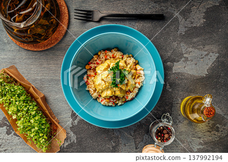 Chicken fried rice with vegetables in bowl Chicken fried rice with vegetables in bowl 137992194
