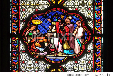 Baptism of Constantine after his victory over Maxentius, stained glass window in the Basilica of Saint Clotilde in Paris Baptism of Constantine after his victory over Maxentius, stained glass window in the Basilica of Saint Clotilde in Paris 137992214