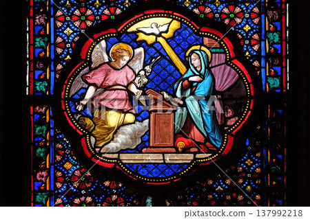 Annunciation of Mary, stained glass window in the Basilica of Saint Clotilde in Paris, France 137992218
