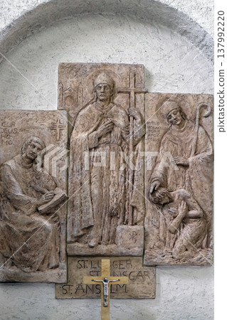 Saints Anselm of Canterbury, the bishops Liudger and Ansgar, missionary in Scandinavia, altar in Munsterschwarzach Abbey, Benedictine monastery, Germany Saints Anselm of Canterbury, the bishops Liudger and Ansgar, missionary in Scandinavia, altar in Munsterschwarzach Abbey, Benedictine monastery, Germany 137992220