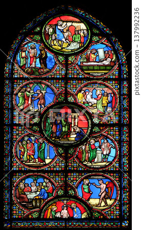 Scenes from Jesus' life, stained glass window from Saint Germain-l'Auxerrois church in Paris, France Scenes from Jesus' life, stained glass window from Saint Germain-l'Auxerrois church in Paris, France 137992236